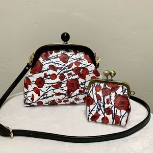 Handmade 2 Straps Genuine Leather Rose Print Push-lock Handbag & Small Purse Set